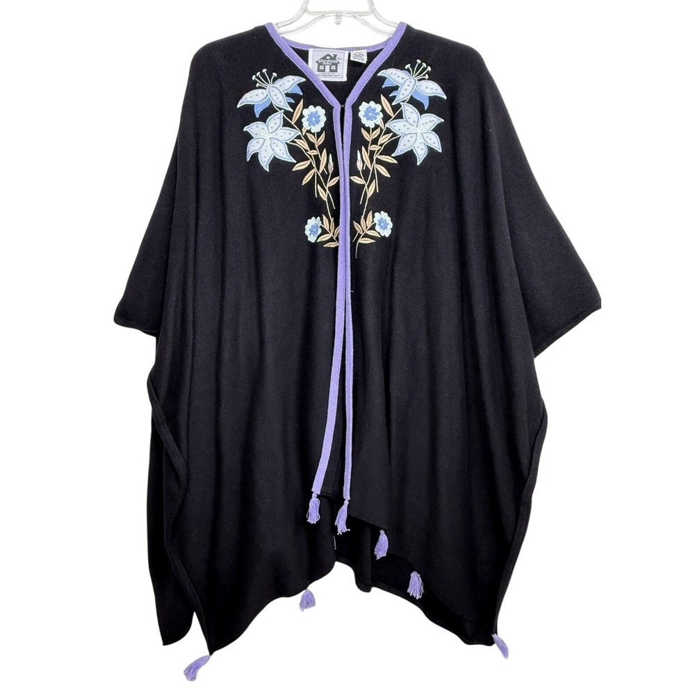 Storybook Knits Black Purple Floral‎ Poncho Cape Missy Size XL